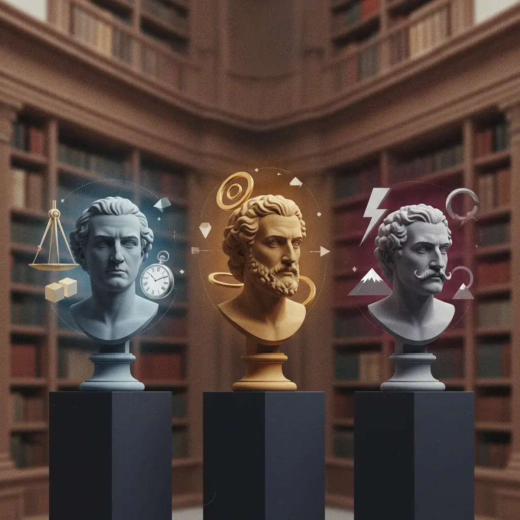 Ilustração editorial com três bustos estilizados representando Kant, Hegel e Nietzsche, cada um com símbolos filosóficos ao redor e iluminação cinematográfica.
