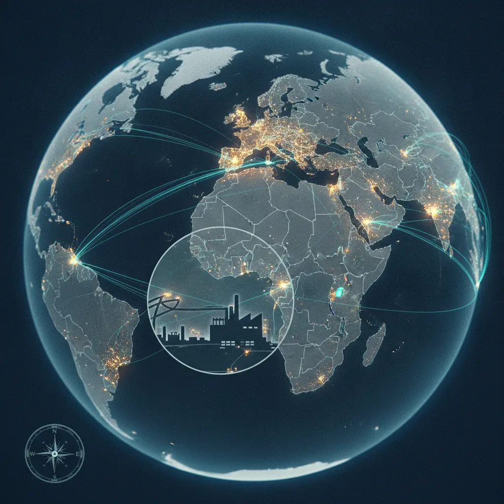 Ilustração editorial de globo e mapa com linhas de redes e fluxos conectando cidades, destacando concentração em centros urbanos e escassez em áreas periféricas.