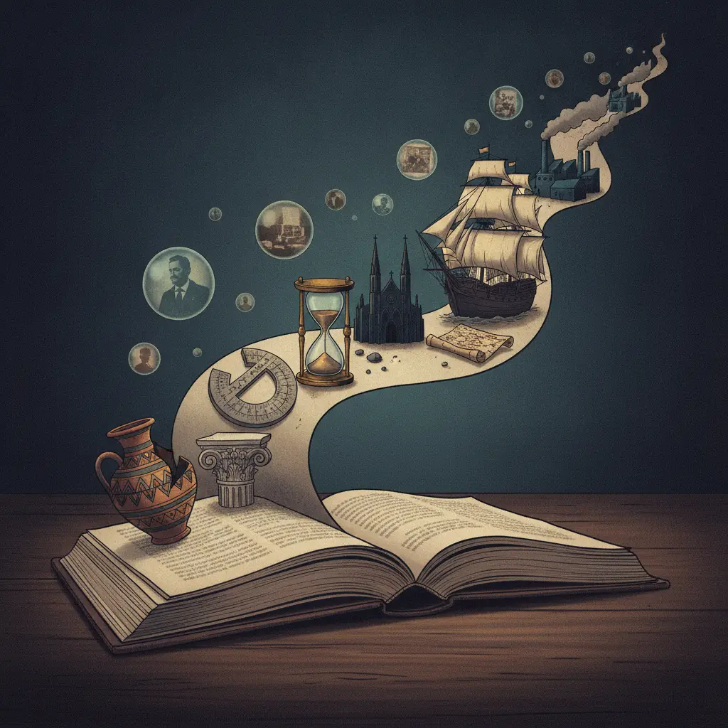 Livro de História cujas páginas viram uma linha do tempo com artefatos históricos e uma ampulheta, representando memória e temporalidade.