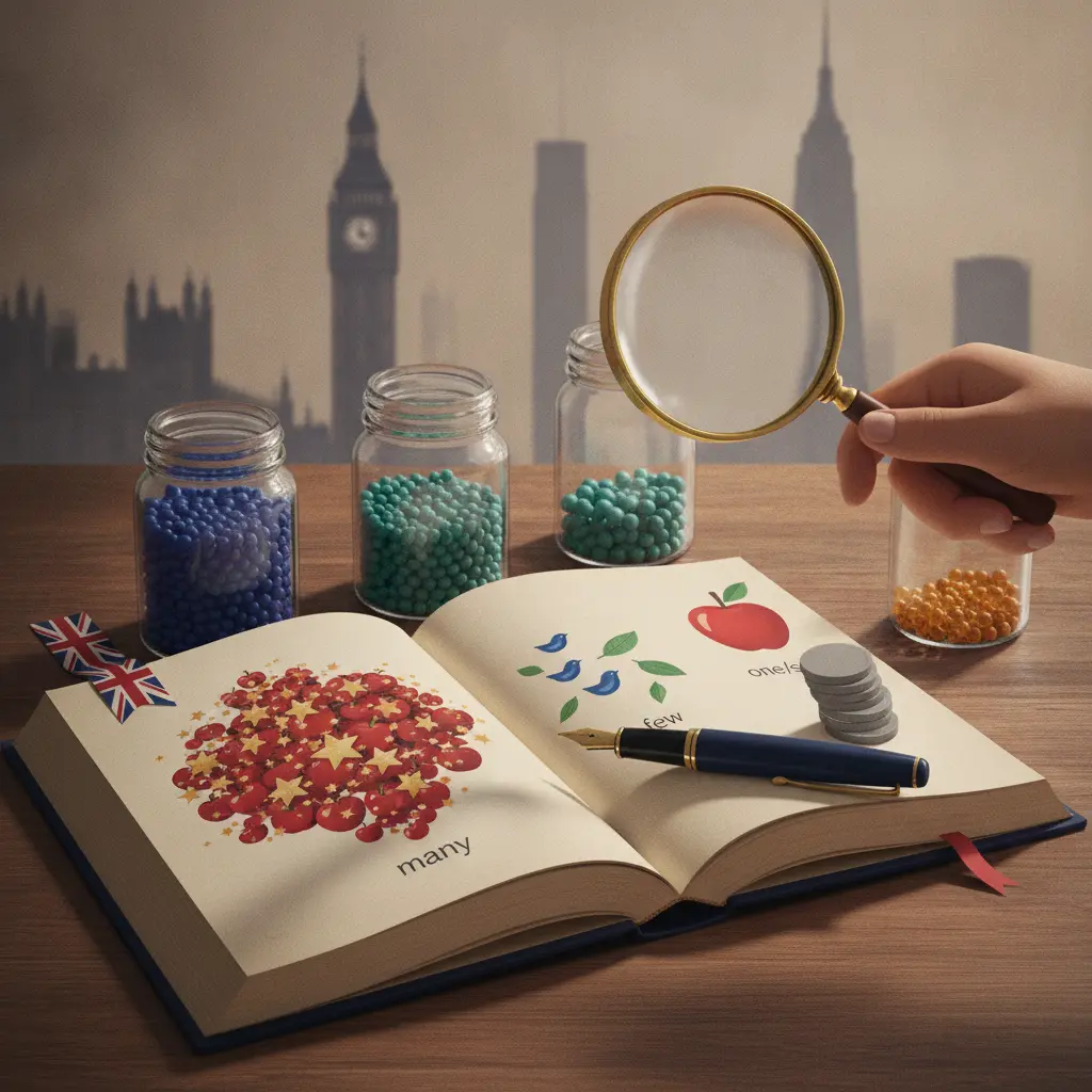 Ilustração editorial de um livro de inglês com ícones que representam quantificadores (muitos, poucos, um), lupa e pequenas bandeiras do Reino Unido e EUA.