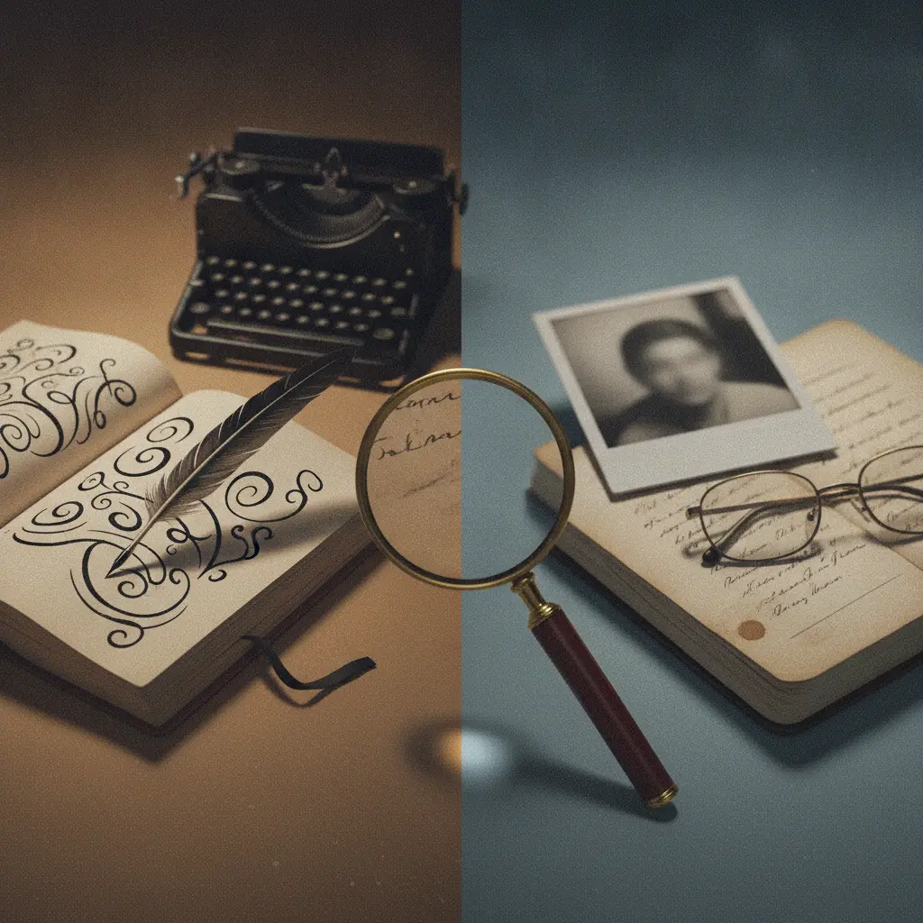 Ilustração editorial: livro de poesia aberto com pena e máquina de escrever à esquerda e polaroide borrada com diário e óculos à direita, simbolizando eu lírico e eu empírico.