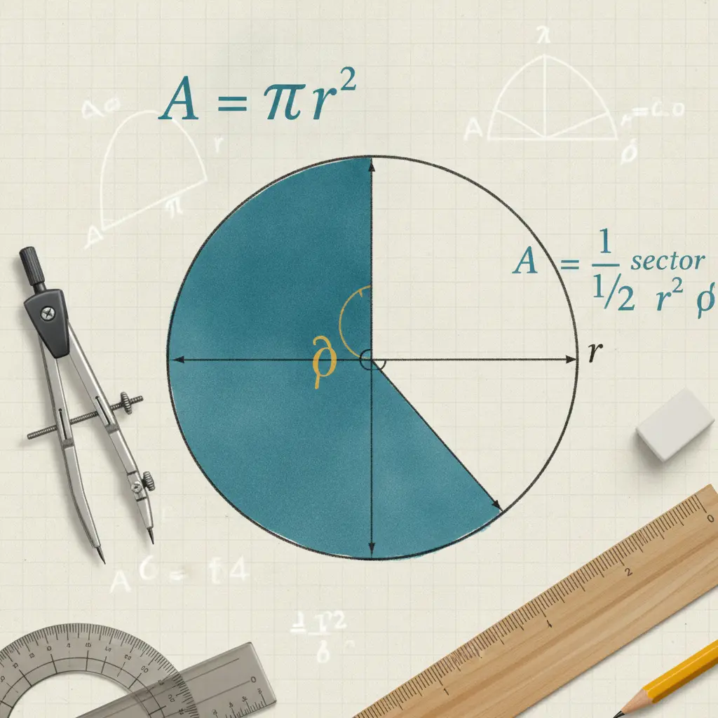 Ilustração editorial de diagrama de círculo com setor sombreado, compasso, transferidor e as fórmulas A = πr² e A_setor = 1/2 r² θ.