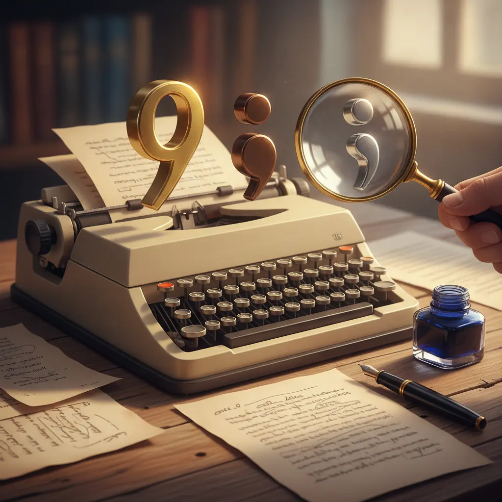 Máquina de escrever vintage, folhas manuscritas borradas e esculturas de vírgula, dois-pontos e ponto e vírgula organizando as linhas, com caneta-tinteiro e lupa sobre a mesa.