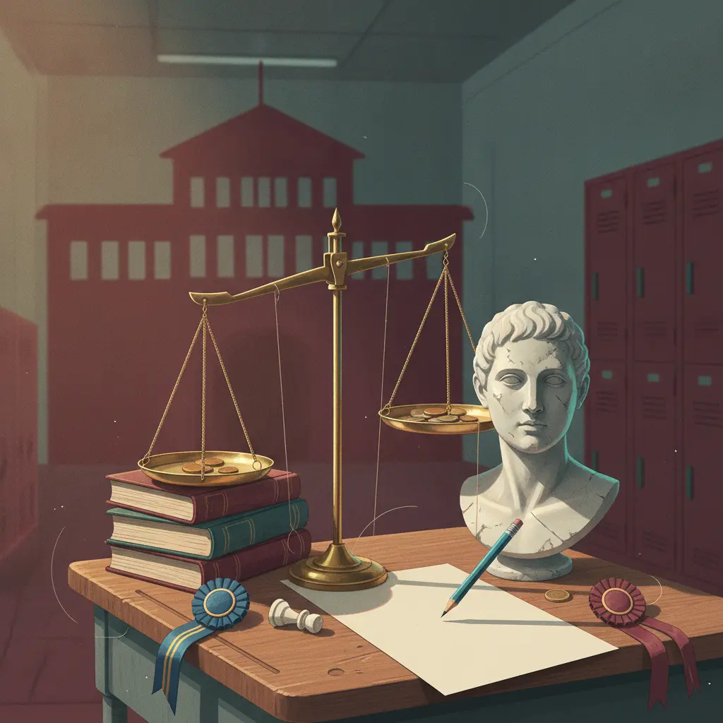 Busto anônimo e balança desequilibrada sobre mesa escolar, prova em branco e lápis, sombra do prédio escolar formando cordas de controle — simbolizando violência simbólica e desigualdade na escola.