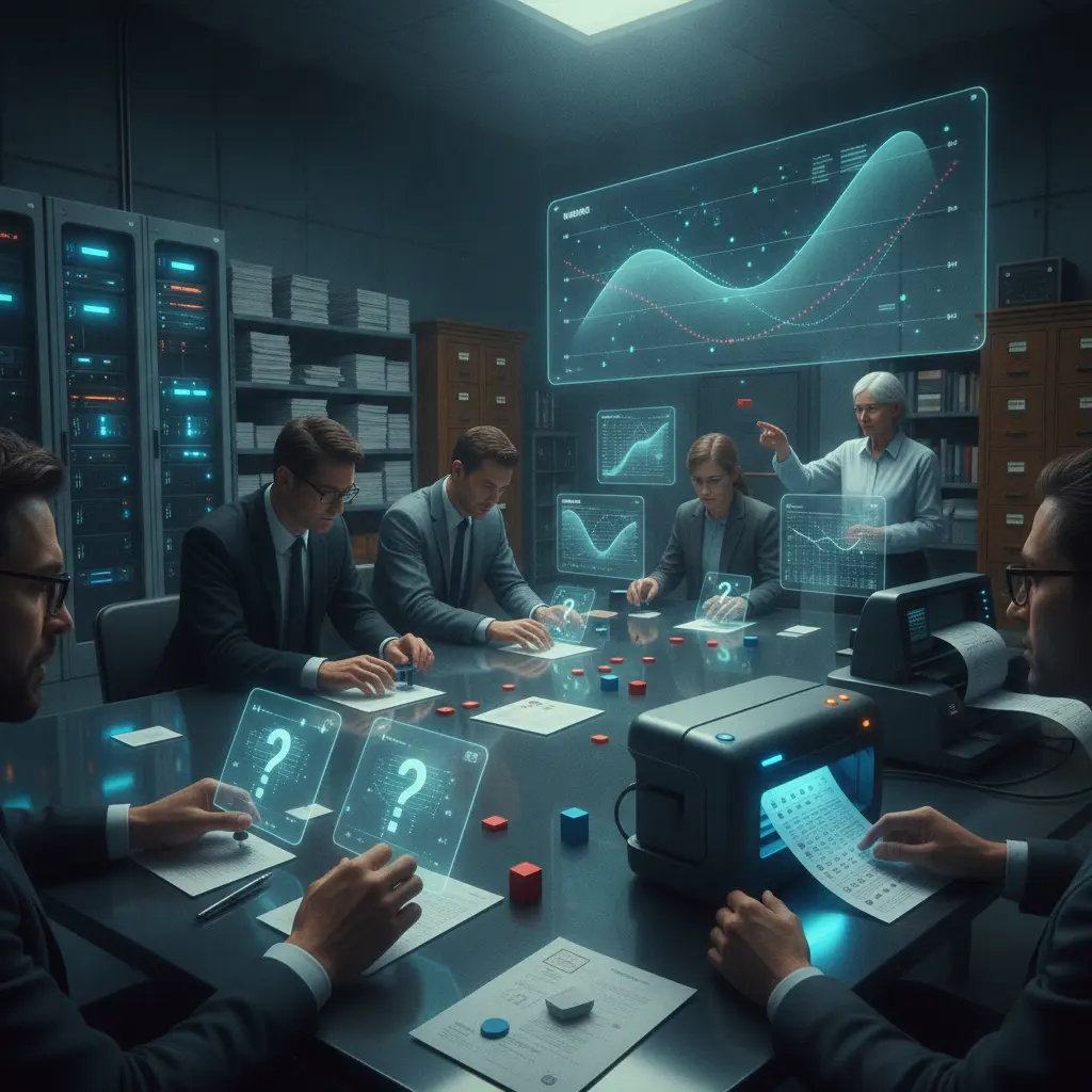 Ilustração editorial do processo do Enem: banco de itens, equipe organizando questões, scanner de gabaritos e curvas psicométricas.