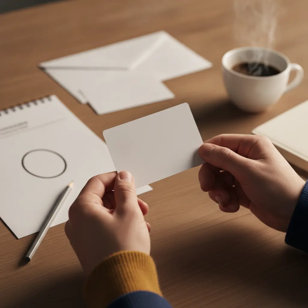 Mãos segurando cartão de confirmação em branco sobre mesa com calendário, envelope e lápis, transmitindo organização e alívio.