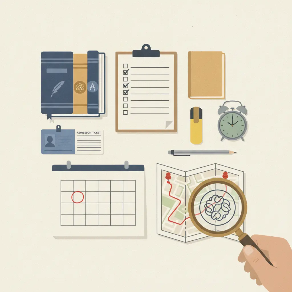Ilustração editorial em flat-lay com checklist marcado, calendário sem números, cartilha de redação, documento de identidade e materiais de estudo para o mês antes do Enem.