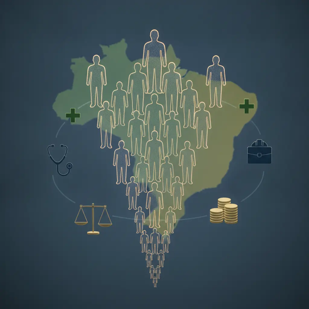 Ilustração editorial de pirâmide etária invertida sobre o mapa do Brasil, rodeada por símbolos de saúde, trabalho e seguridade social.
