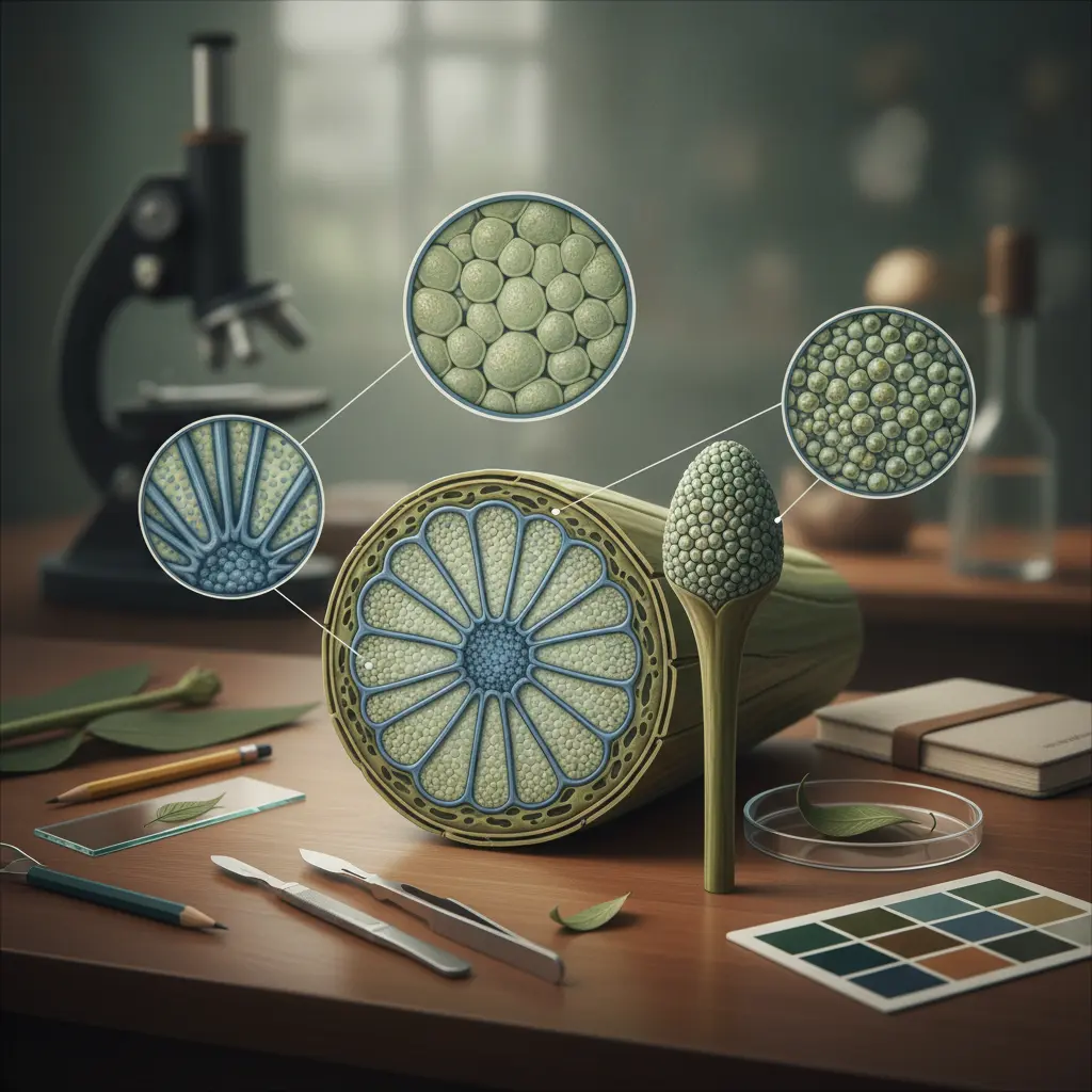 Ilustração editorial de seção transversal de caule com destaque para xilema, parênquima e meristema, com lupas de aumento, lâmina e instrumentos de laboratório ao fundo.