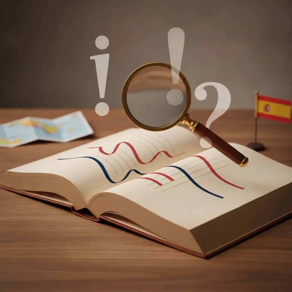 Ilustração editorial de livro de espanhol aberto com os sinais invertidos ¡ e ¿ flutuando, lupa e mapa da Espanha ao fundo, destacando pontuação e entonação.
