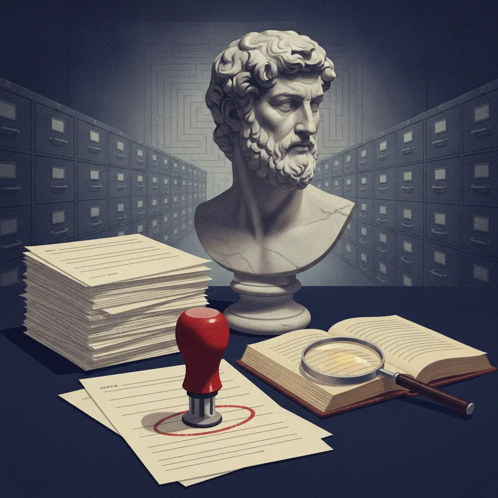 Ilustração editorial com um busto clássico, carimbo vermelho marcando formulários idênticos e uma lupa sobre um livro, simbolizando interpretação crítica da banalidade do mal.
