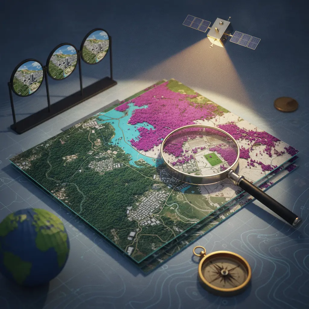 Ilustração editorial de sensoriamento remoto com sobreposição de imagens de satélite (cor natural e falso-color), lupa destacando desmatamento e expansão urbana, satélite e elementos cartográficos, sem texto.