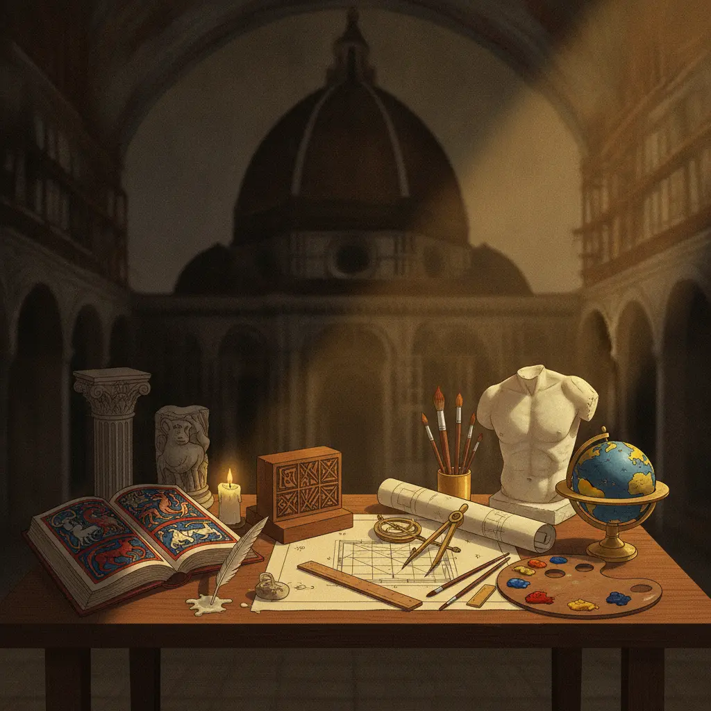 Ilustração editorial mostrando objetos do Renascimento sobre uma mesa: manuscrito medieval, prensa, compasso, estátua clássica e cúpula de Florença ao fundo.