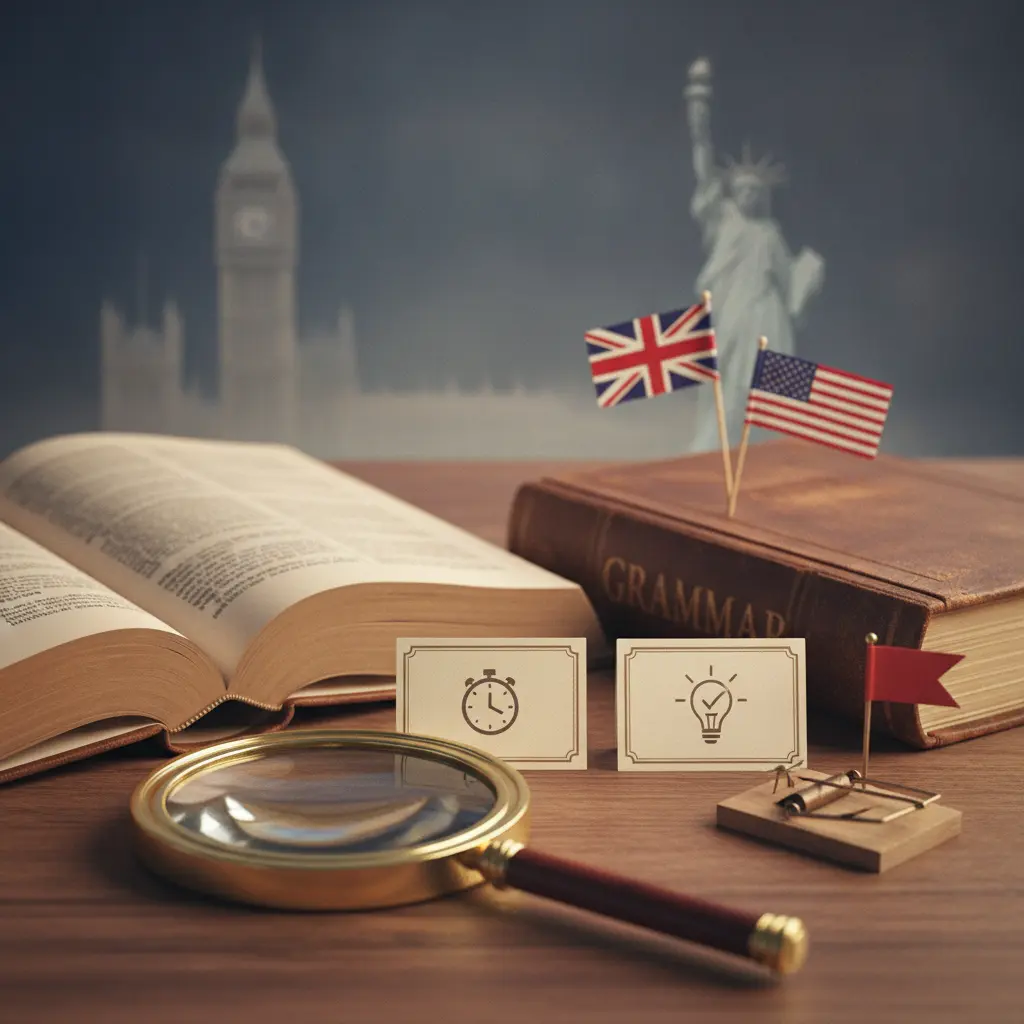 Ilustração editorial de mesa de estudos com dicionário em inglês, lupa sobre dois cartões parecidos com ícones diferentes (relógio e lâmpada), bandeiras do Reino Unido e EUA ao fundo.