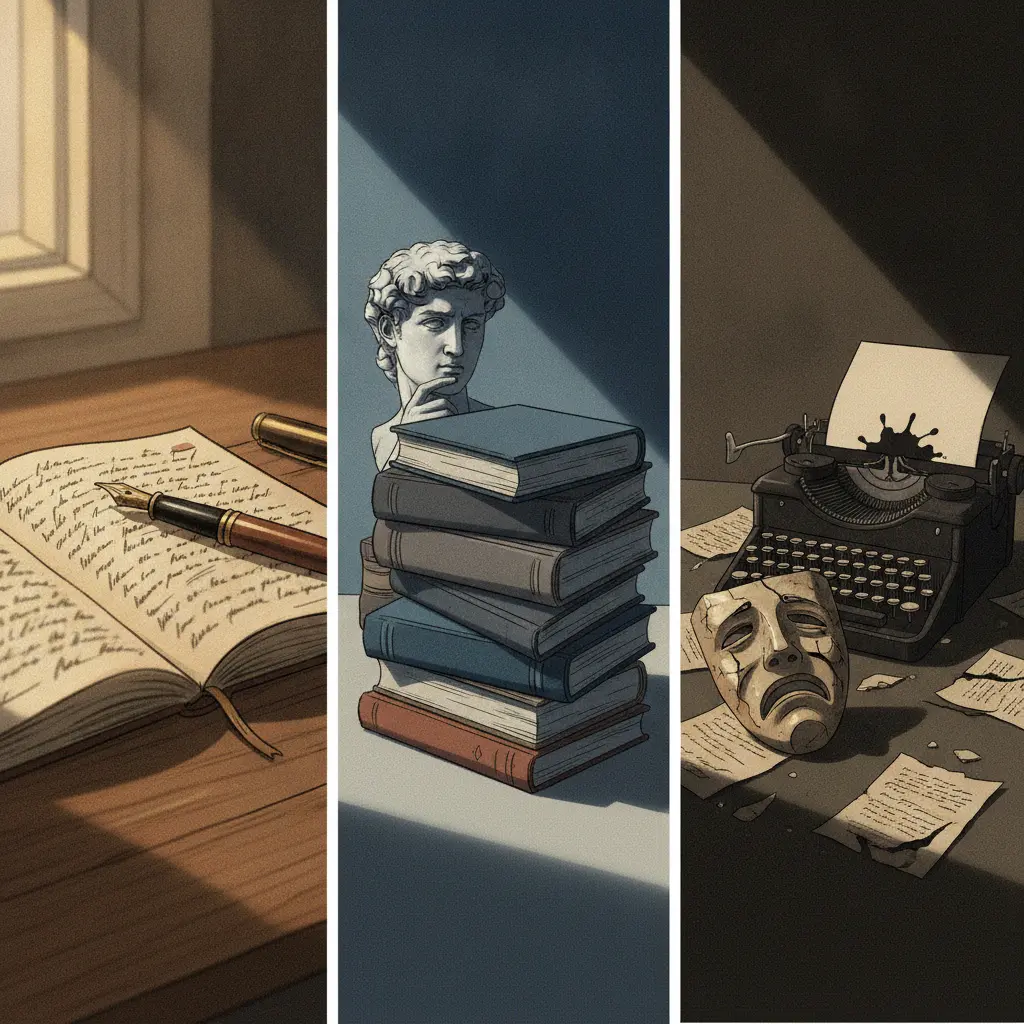 Ilustração editorial em triptych: diário manuscrito (1ª pessoa), livros e busto clássico (3ª pessoa) e máscara rachada com páginas rasgadas (narrador não confiável).