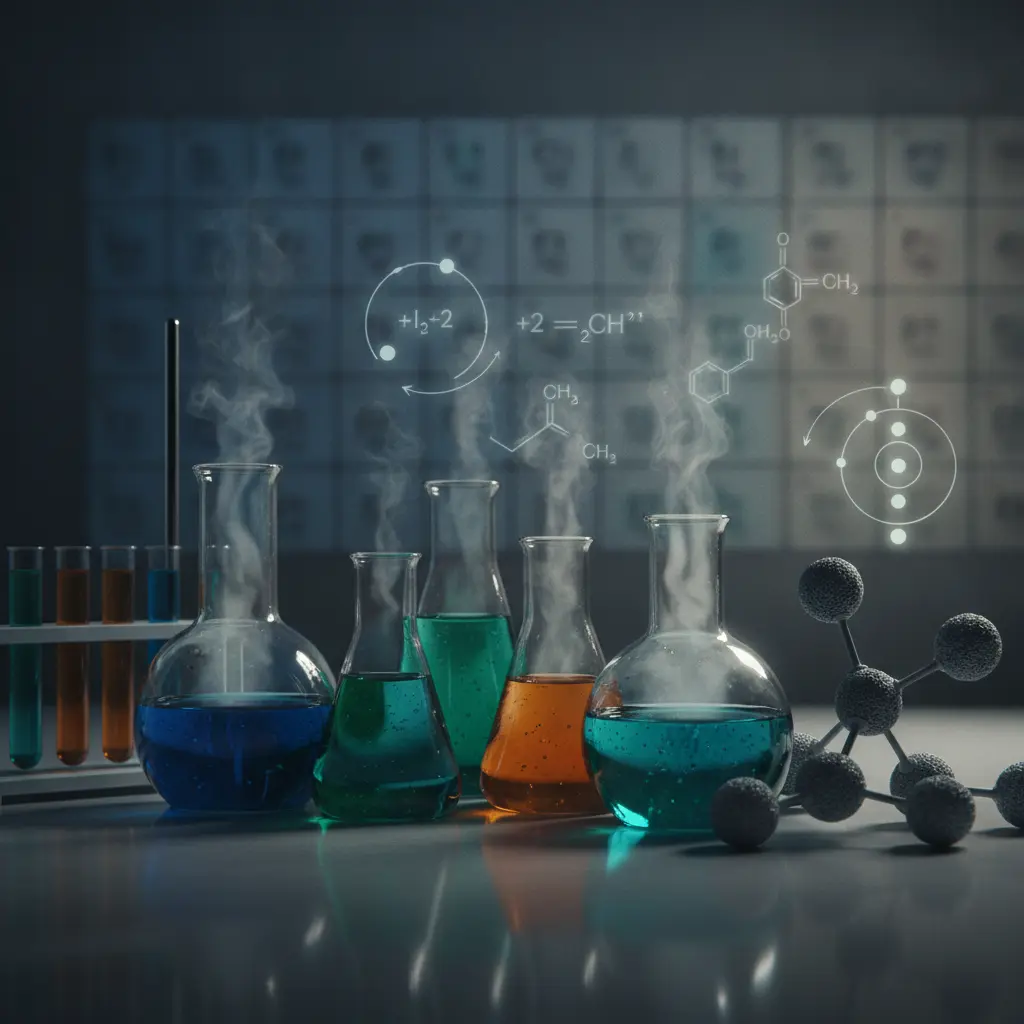 Ilustração editorial de bancada de química com frascos, modelos moleculares e fórmulas mostrando números de oxidação.