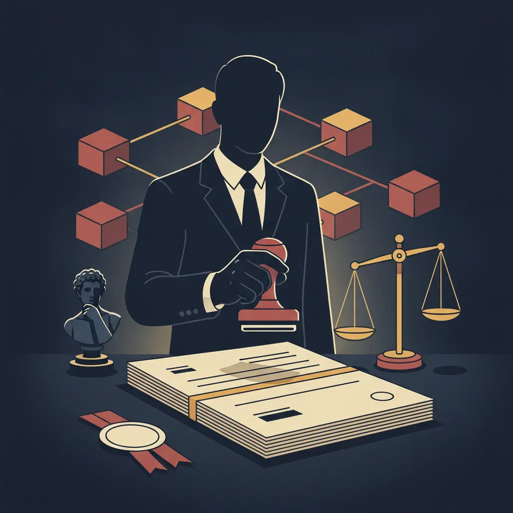 Ilustração editorial com carimbo, formulários em branco, organograma e silhueta burocrática representando a dominação legal‑racional de Weber.