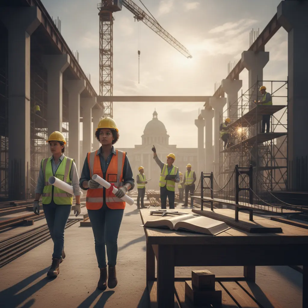 Engenheira de capacete e colete segurando plantas e um diploma enrolado num canteiro de obras, com colegas e maquete ao fundo, simbolizando a transição da formação para o emprego.