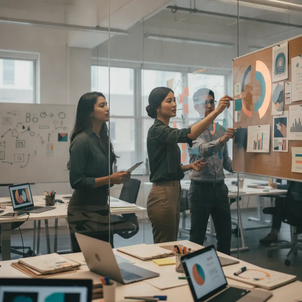 Equipe de marketing analisando um dashboard ilustrado em vidro, apontando gráficos abstratos sem texto.