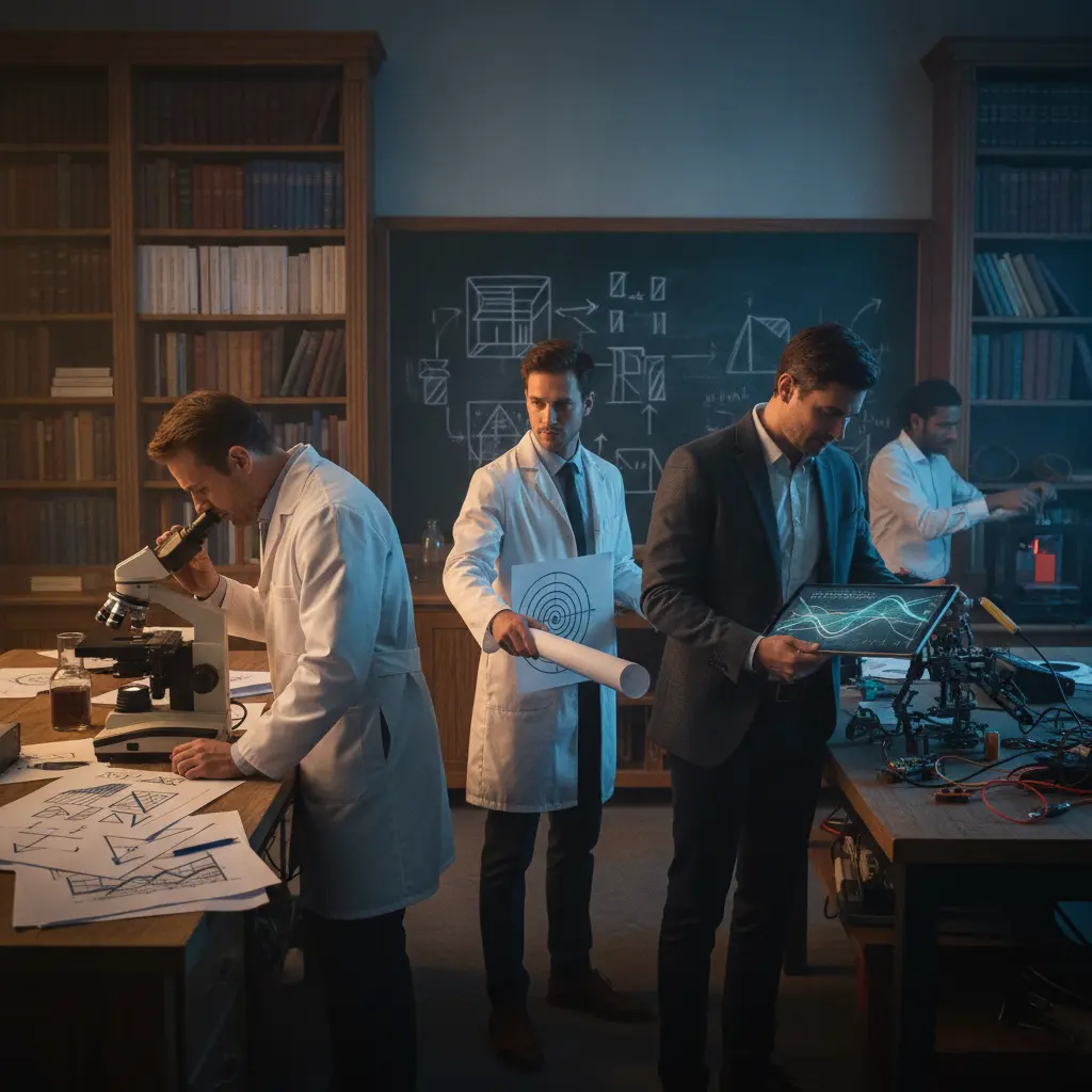 Ambiente híbrido de pós-graduação: pesquisador com microscópio e papéis à esquerda, profissional com protótipo e tablet à direita, pessoa no centro conectando pesquisa e prática.