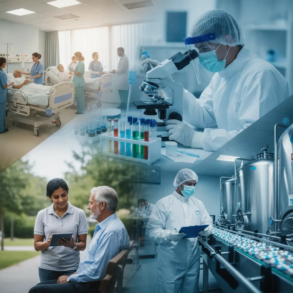 Colagem editorial de ambientes da saúde: hospital, laboratório, indústria farmacêutica e atenção comunitária com profissionais em ação.