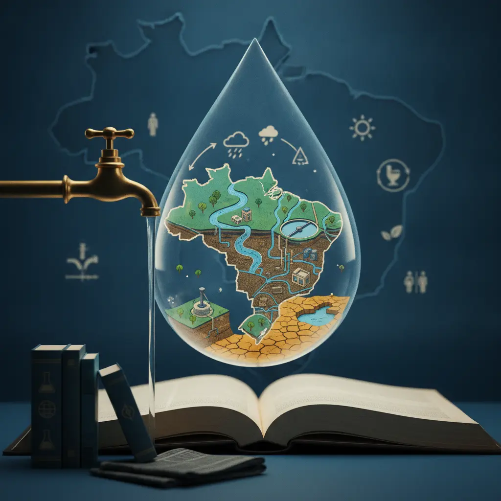 Gota ilustrada em forma do Brasil mostrando sistema de água e saneamento sobre livros de estudo, com contraste entre reservatório cheio e solo seco.