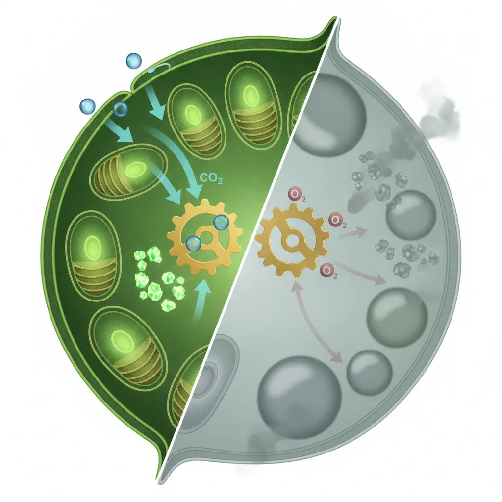 Ilustração editorial em corte de folha mostrando fotossíntese eficiente à esquerda e fotorrespiração à direita, com cloroplastos, Rubisco e moléculas de CO2 e O2 contrastadas.