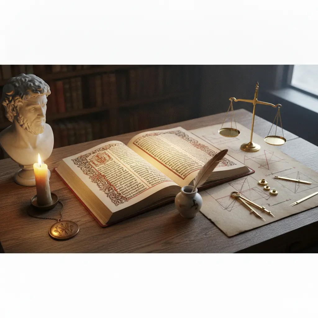 Ilustração editorial de mesa de estudo medieval com busto de São Tomás, manuscrito aberto, pena, vela e objetos que contrastam fé (luz quente) e razão (compasso, diagramas).