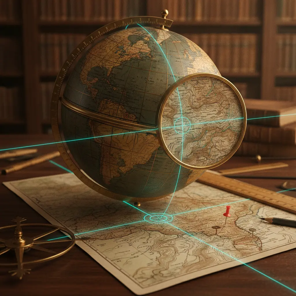 Ilustração editorial de um globo com grade de latitude e longitude, lupa sobre a interseção das linhas, bússola e mapa topográfico ao fundo.