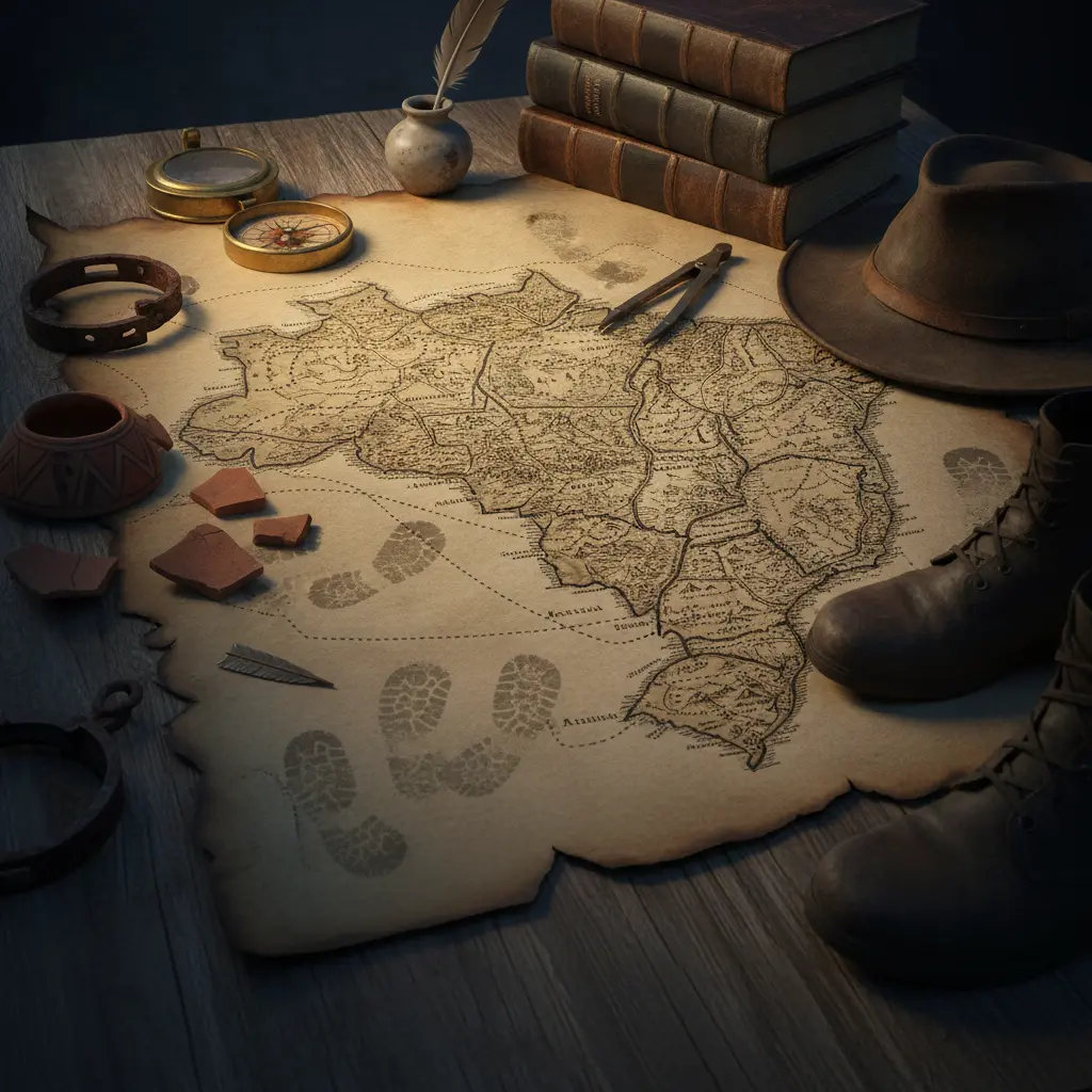 Ilustração editorial de mapa colonial do Brasil com bússola, livros antigos, trilhas de bandeirantes, fragmentos indígenas e corrente quebrada, simbolizando expansão territorial e violência colonial.