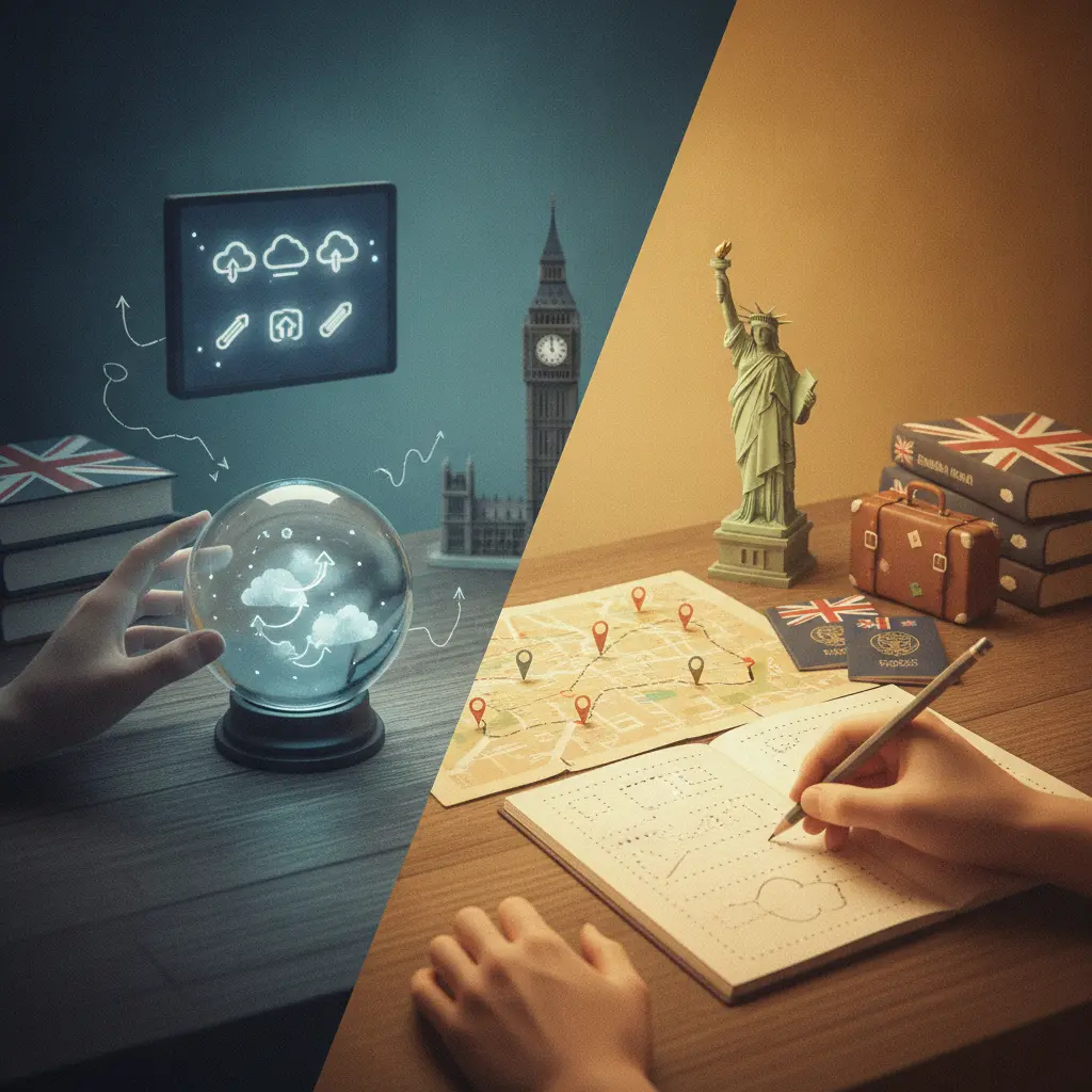 Ilustração editorial dividida: à esquerda bola de cristal e quadro de previsão (predição/will), à direita mapa e itinerário planejado (intenção/going to), com livros e miniaturas de Big Ben e Estátua da Liberdade.