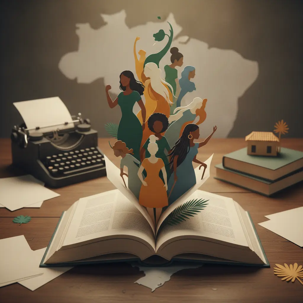 Ilustração editorial de livro aberto com recortes de mulheres emergindo das páginas, máquina de escrever, pilha de livros e contorno do mapa do Brasil em papel ao fundo.