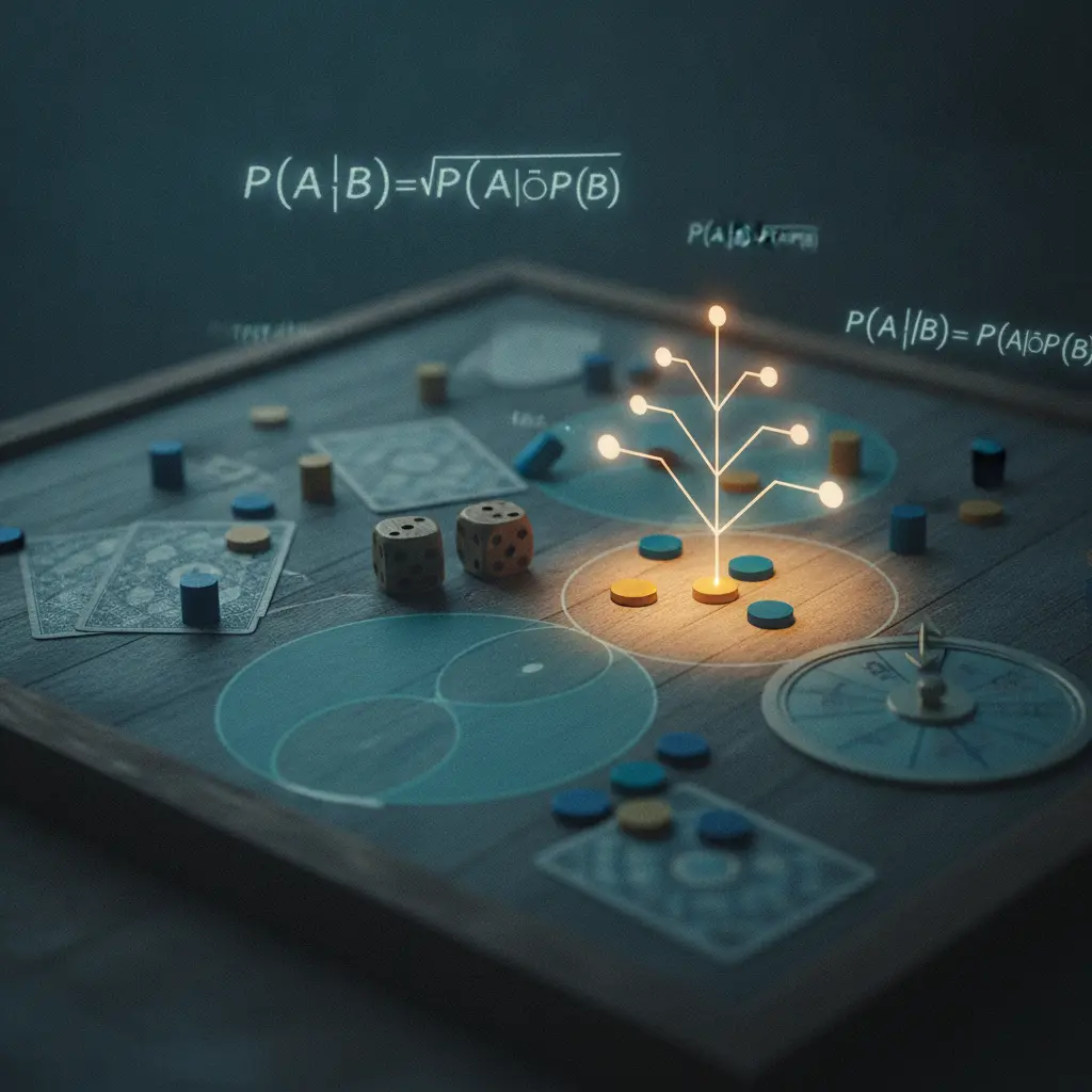 Ilustração editorial mostrando tabuleiro de jogo com dados, cartas e tokens, sobrepostos por círculos translúcidos e um ramo probabilístico que destaca um subconjunto do espaço amostral.