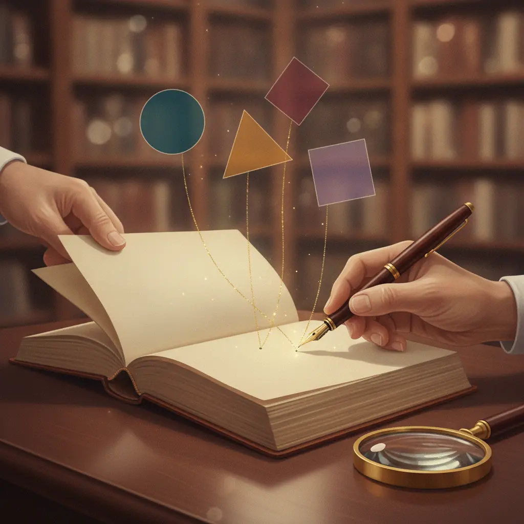 Mãos com caneta sobre livro aberto e etiquetas geométricas coloridas flutuando ligadas ao texto, simbolizando identificação de classes gramaticais.