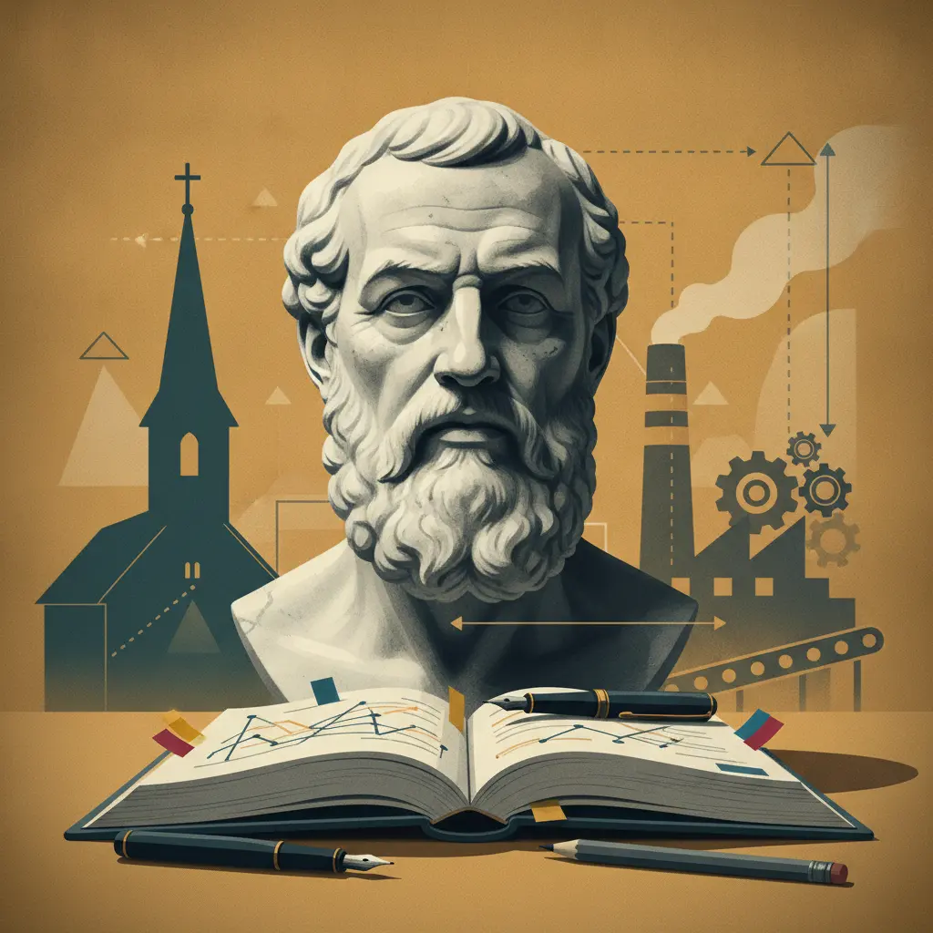 Ilustração editorial com busto de sociólogo, igreja, fábricas e livro simbolizando a ética protestante de Max Weber.