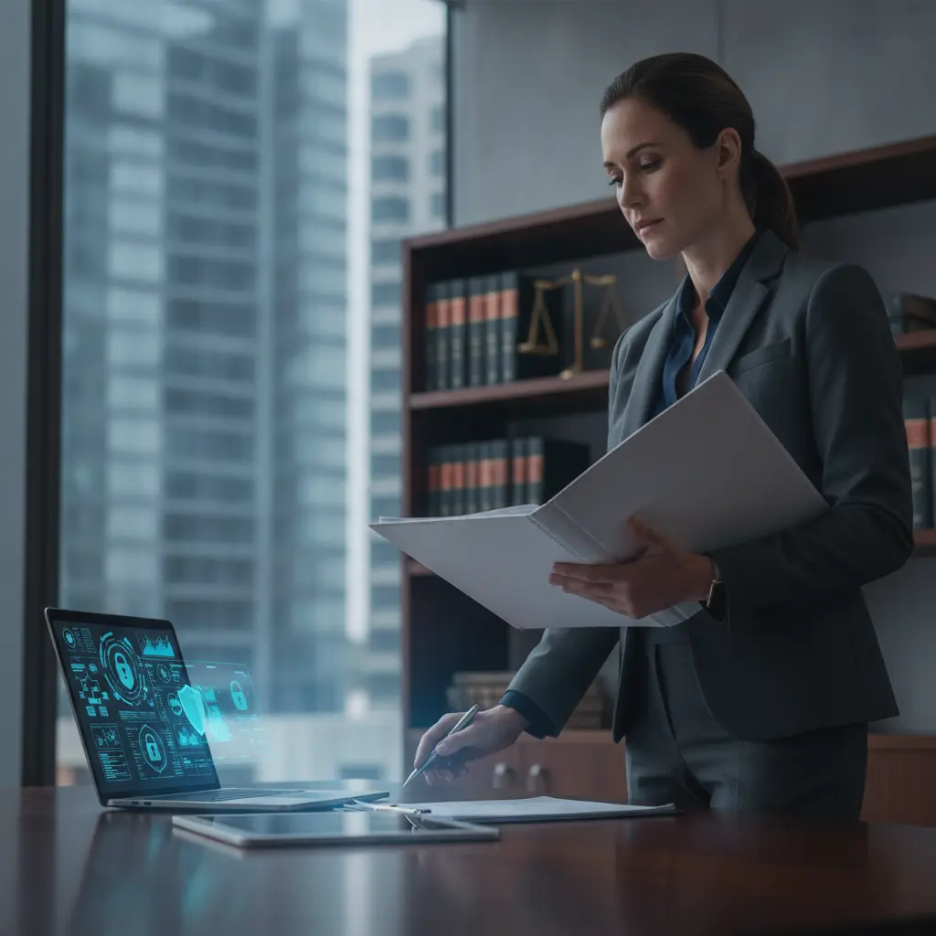 Profissional de compliance em escritório corporativo revisando políticas com dashboard digital e balança da justiça ao fundo.