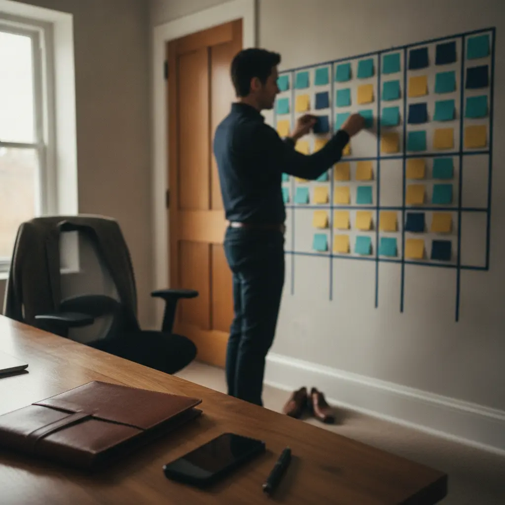 Pessoa organizando um plano de busca de emprego em 14 dias, colando post-its em uma grade na parede de um ambiente profissional.