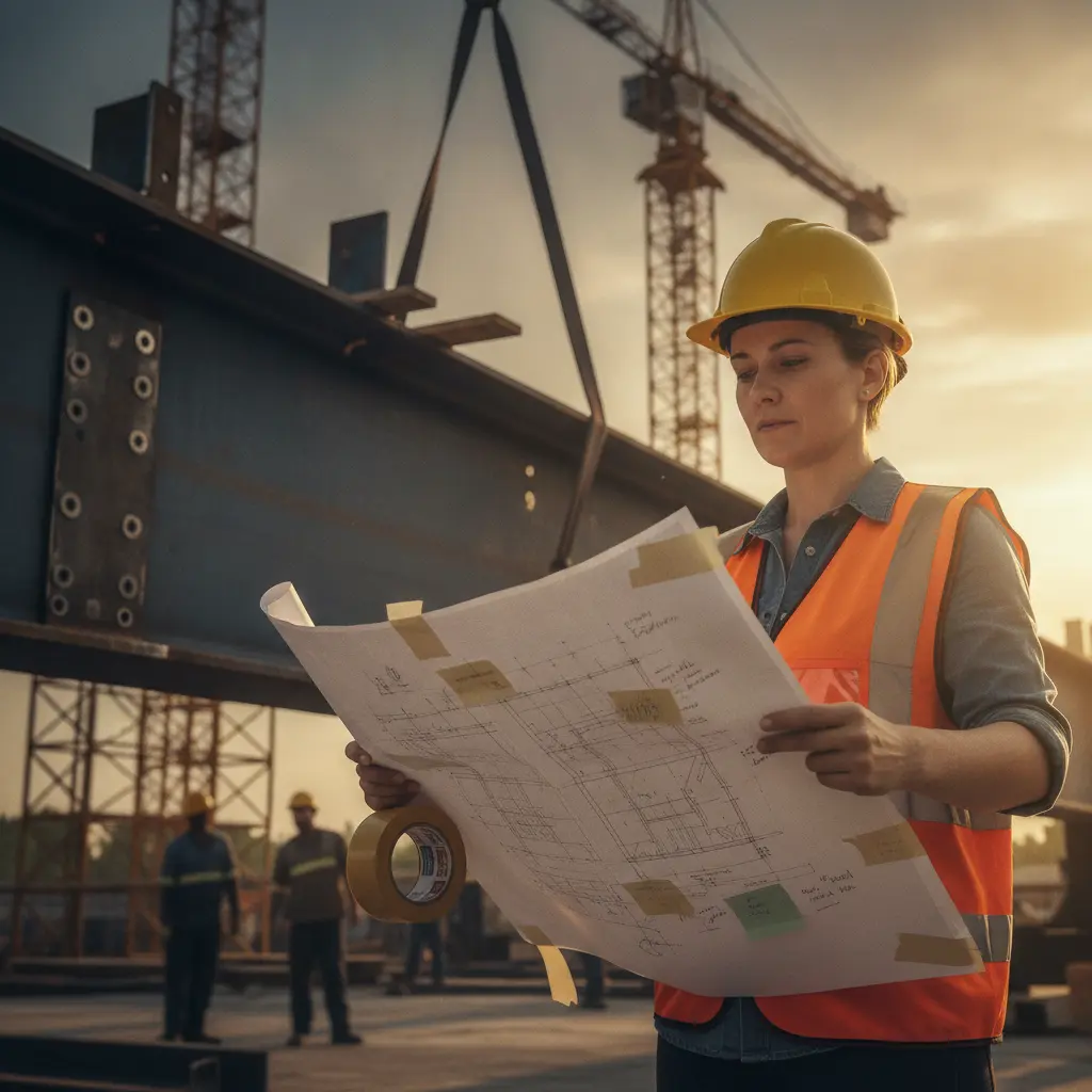 Engenheiro em canteiro analisando planta com correções e viga reparada ao fundo.