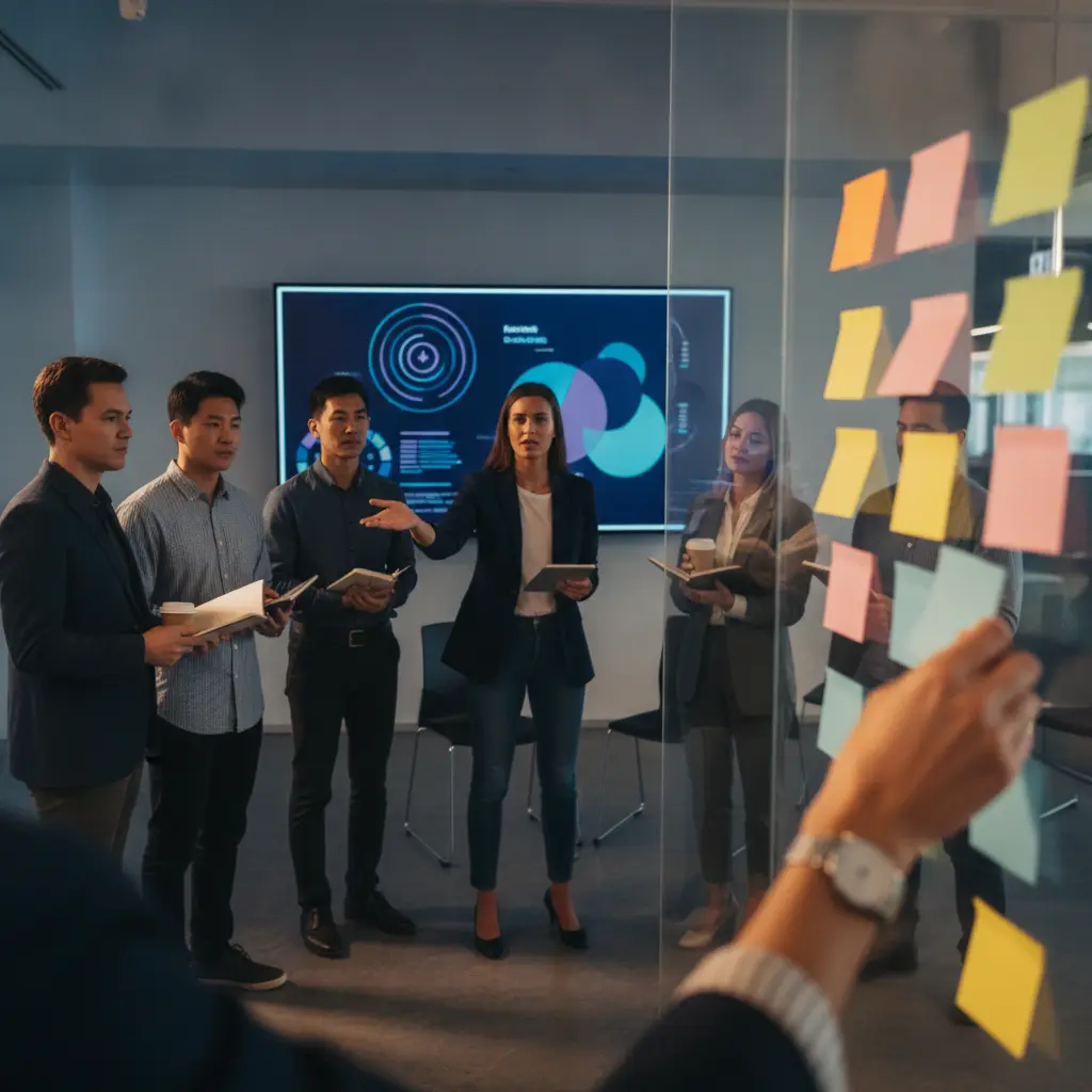 Líder em pé apontando para um quadro kanban com equipe em pé observando; mão colocando post‑it em primeiro plano.