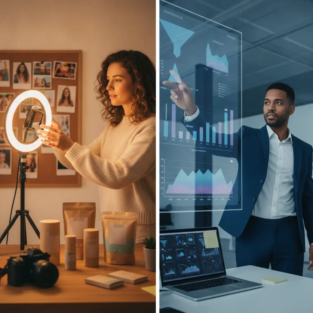 Imagem editorial dividida: à esquerda um criador ajustando luz e smartphone em estúdio criativo; à direita um profissional apontando para um painel de dados com gráficos, mostrando influência vs. performance em marketing.