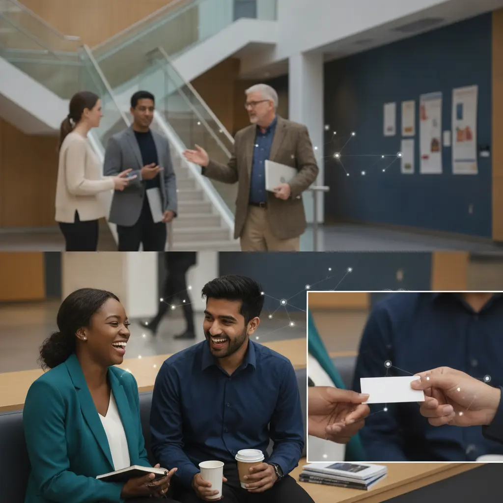 Grupo diverso em um ambiente universitário trocando cartões e conversando, representando networking na pós-graduação.