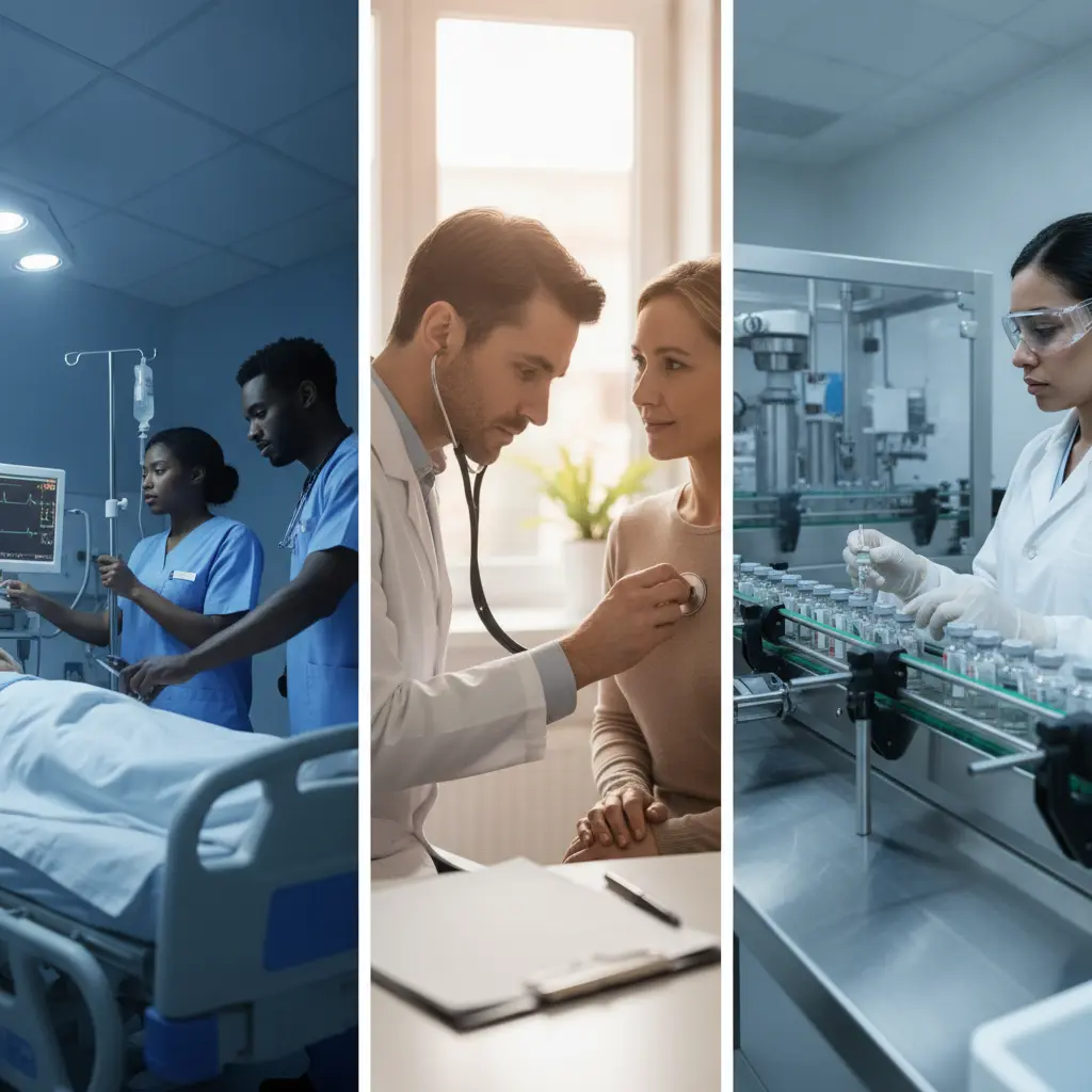 Três cenas unidas: plantão hospitalar noturno, consulta clínica diurna e técnico em indústria farmacêutica em ação.
