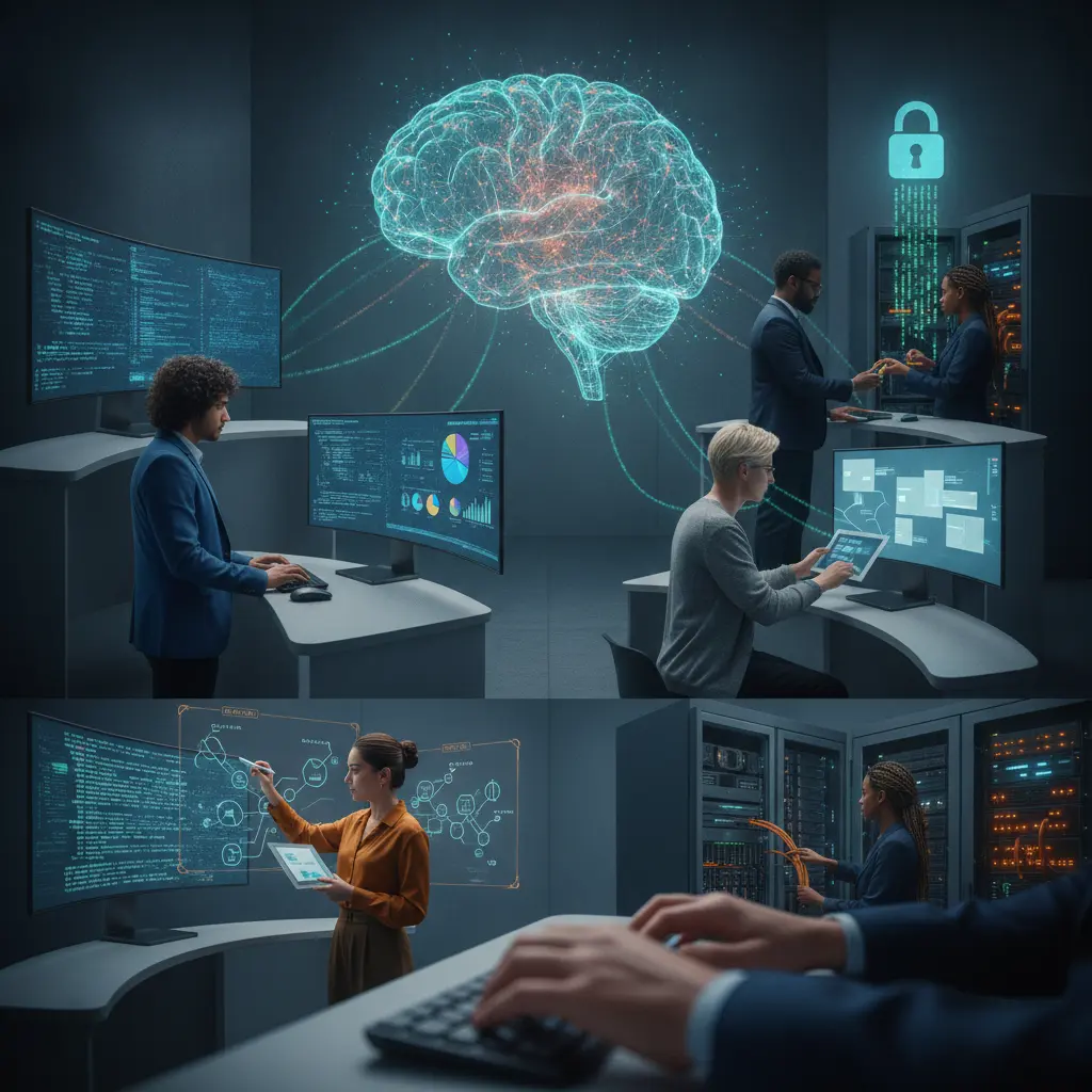 Profissionais de tecnologia em seis estações distintas ligadas por um holograma de cérebro, representando áreas como desenvolvimento, dados, produto, UX, segurança e infraestrutura.