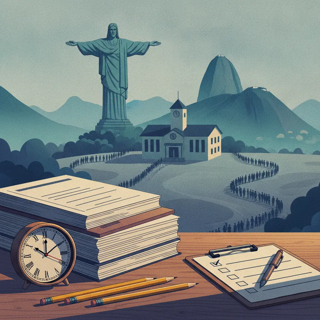 Ilustração editorial com apostilas, lápis e mapa estilizado do Rio de Janeiro com ícones do Cristo e Pão de Açúcar, sugerindo o ENEM e o grande número de inscritos.