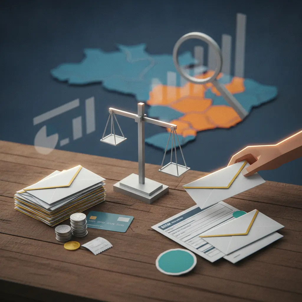 Ilustração editorial com envelopes de inscrição do Enem ilustrando pagantes (moedas/cartão) e inscritos gratuitos (mão recebendo envelope), mapa do Brasil destacando Roraima e gráficos sem números.