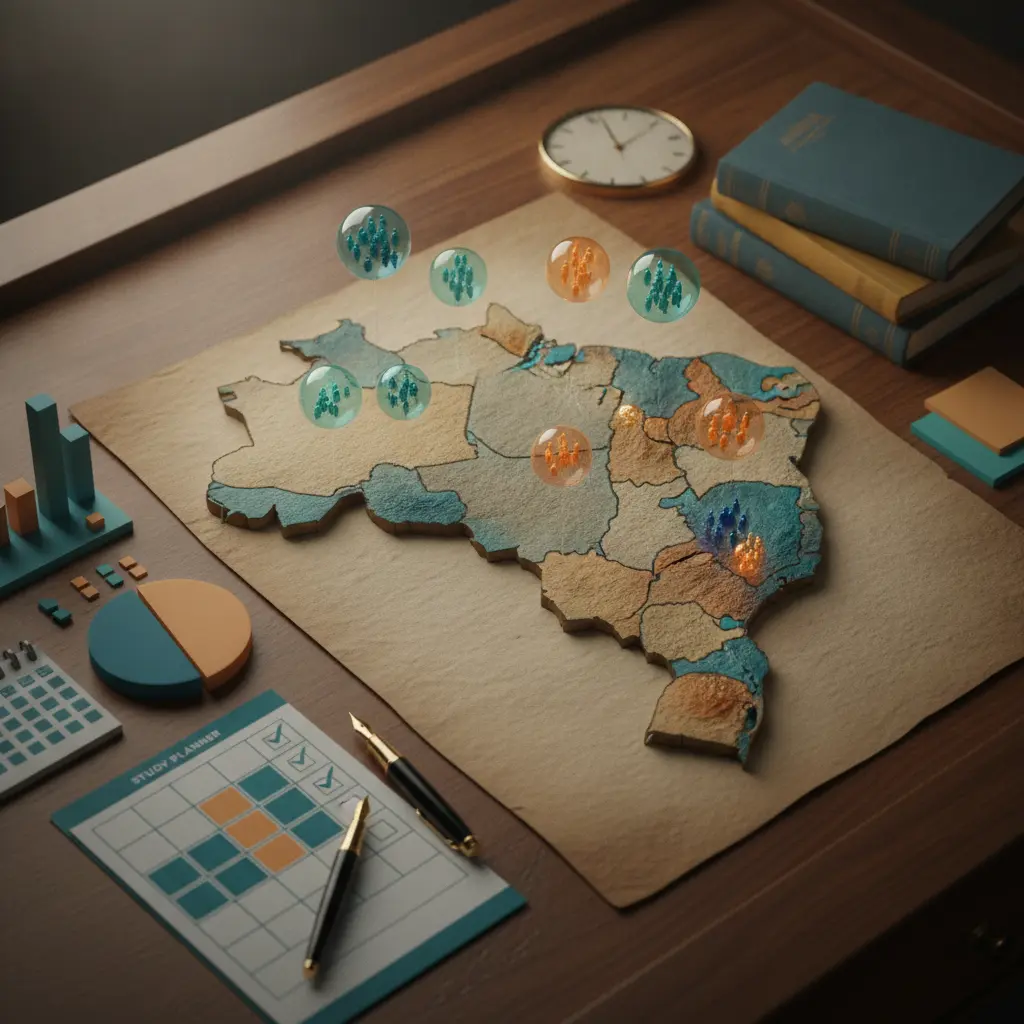 Ilustração editorial do mapa do Brasil com bolhas por estados, gráficos e materiais de estudo simbolizando a distribuição de inscritos no Enem e a organização da reta final.