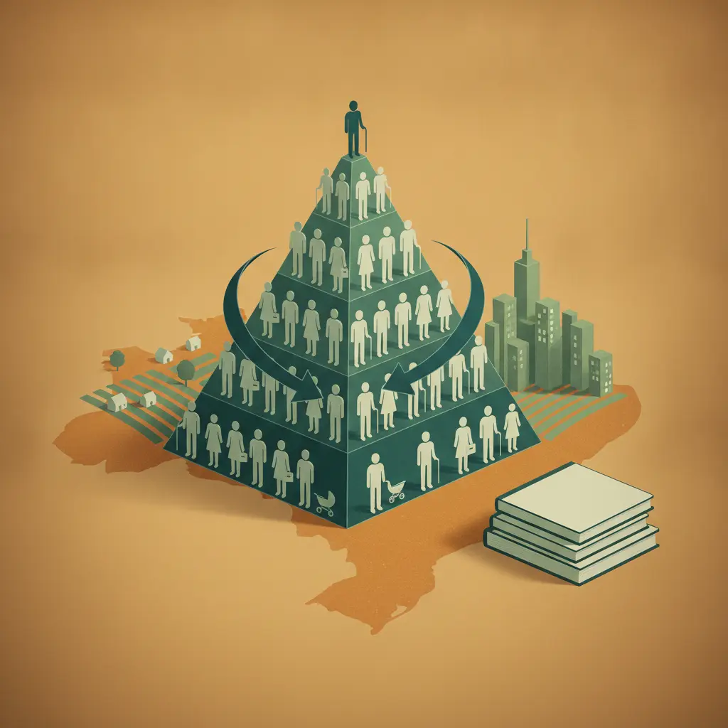 Ilustração editorial da transição demográfica no Brasil: mapa com pirâmide etária estilizada, ícones de urbanização e envelhecimento e livros representando estudo.