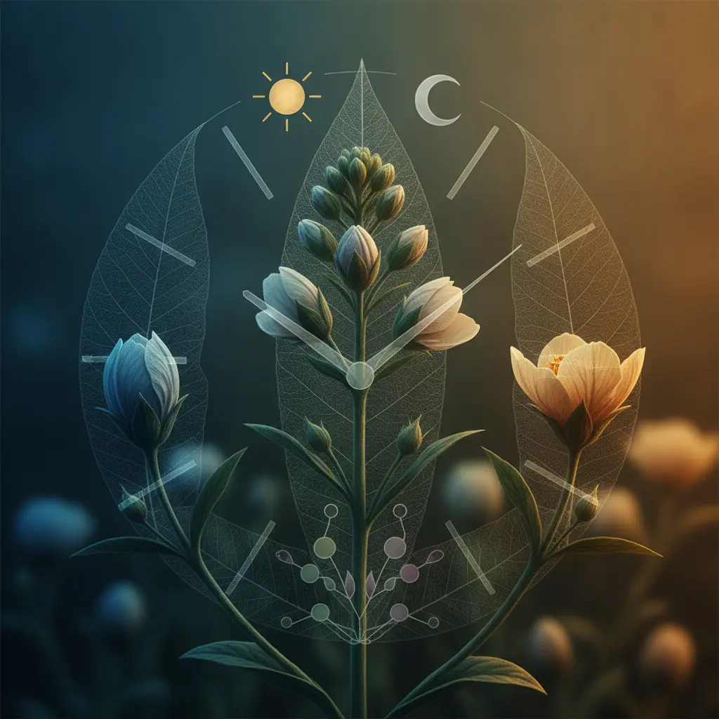 Ilustração editorial mostrando planta florindo conforme ciclo dia-noite, com relógio translúcido de veias e ícones de sol e lua.