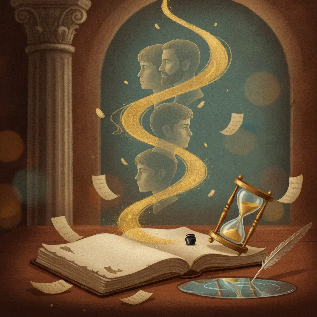 Ilustração editorial de um estudo antigo com manuscrito aberto, ampulheta formando espiral de memórias e silhuetas sobrepostas que evocam tempo interior e reflexão agostiniana.