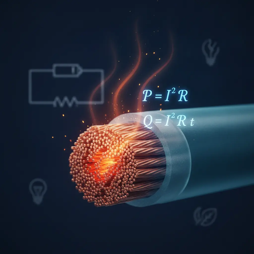 Corte ilustrado de fio de cobre com fios aquecendo em gradiente térmico, destacando o Efeito Joule (P = I^2 R).